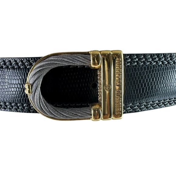 Vintage PHILIPPE CHARRIOL Rope Black Genuine Leather Lizard Pattern Belt Size 42 - Picture 1 of 12